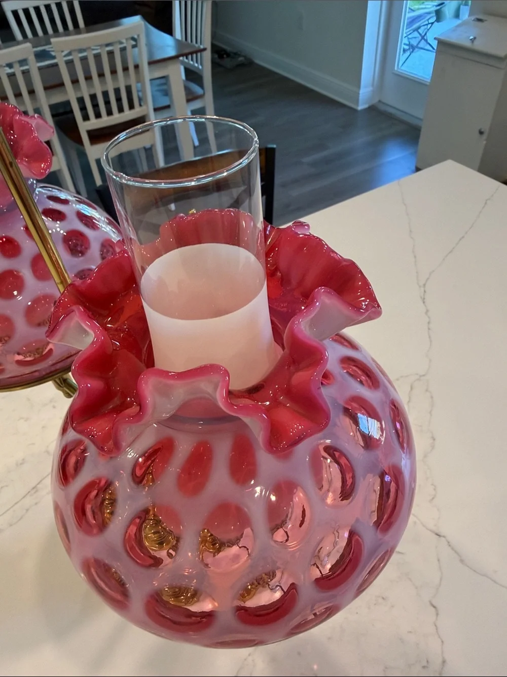 Vintage-Style Pink Fenton Double Oil Lamp with Brass Base